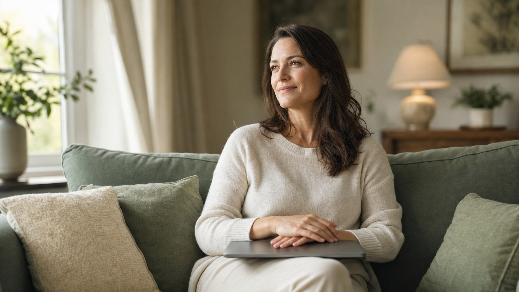 A professional in their late thirties sitting on a couch, thoughtful and relieved