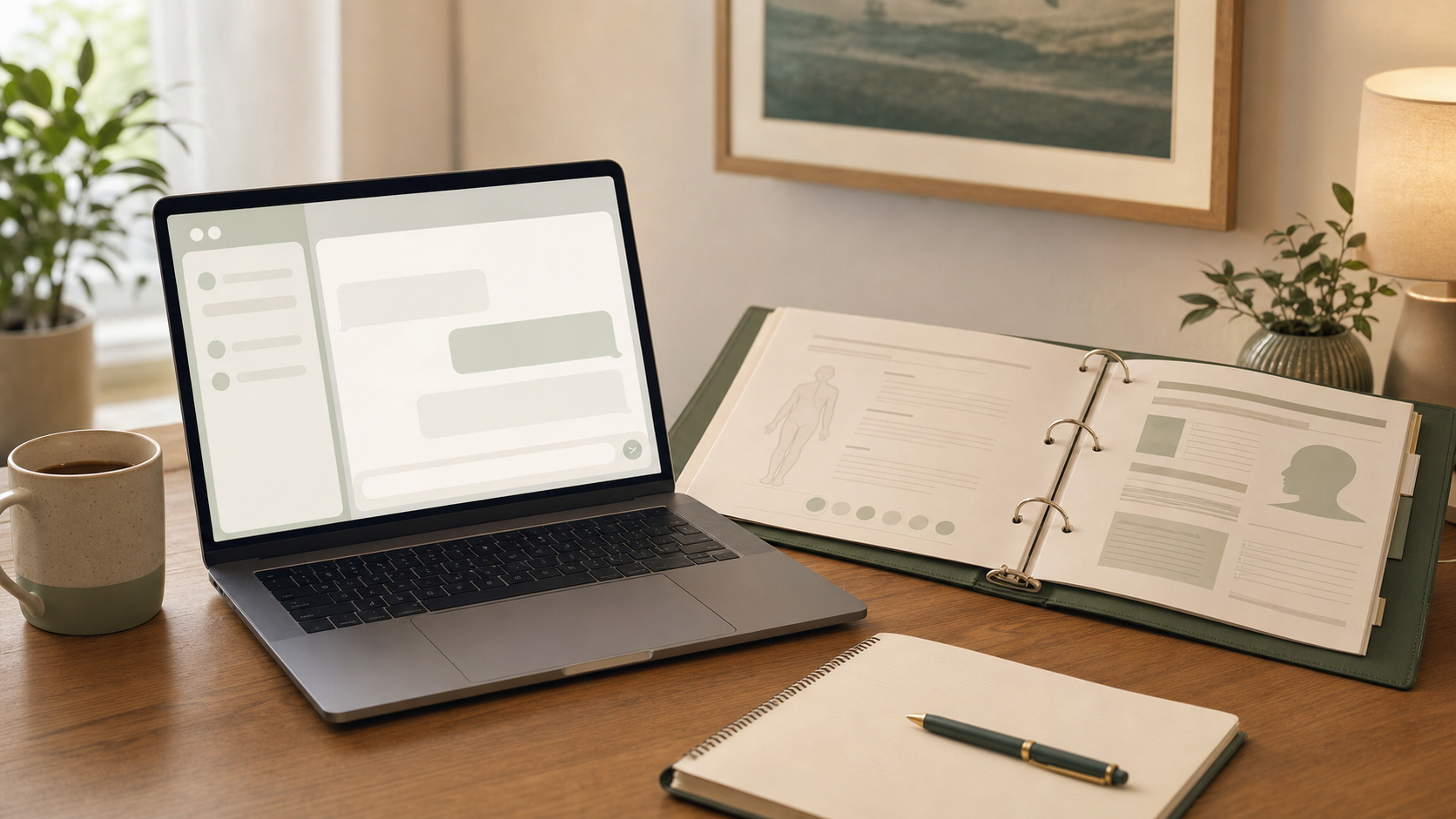 A laptop displaying a chat interface alongside a clinical assessment binder on a warm wooden desk