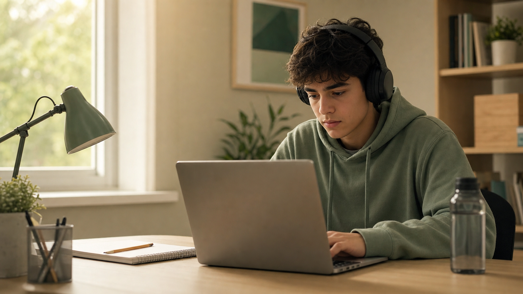 A high school student at a laptop taking a timed digital test with headphones on
