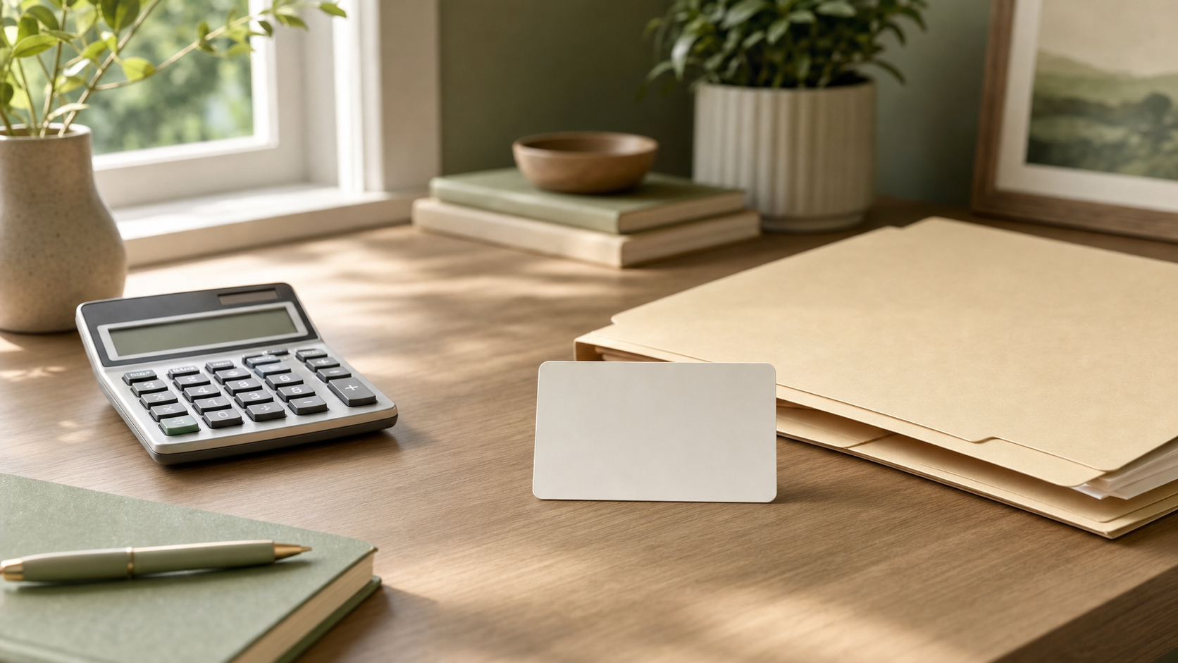 A desk with an insurance card, calculator, and a folder in soft natural light