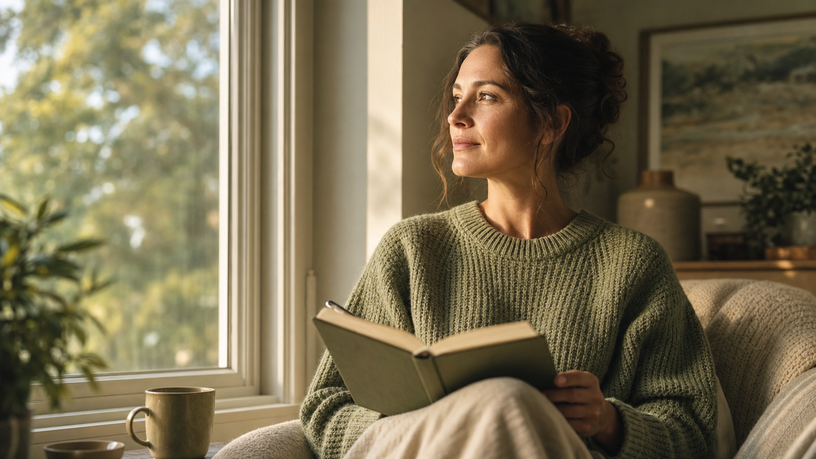 An adult woman writing in a journal near a window in soft afternoon light
