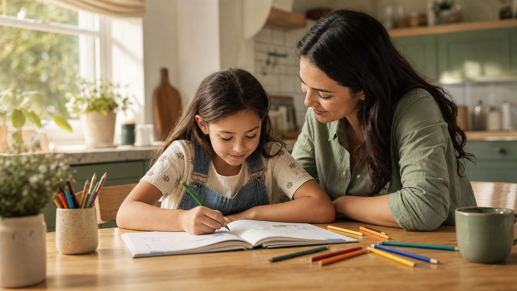 A school-age child at a kitchen table with an open workbook and a supportive parent nearby