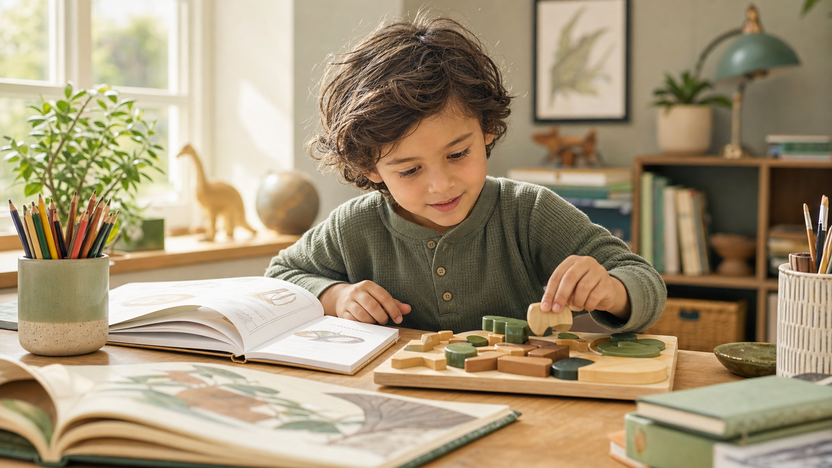 A curious child at a desk with books, art supplies, and a puzzle in warm natural light