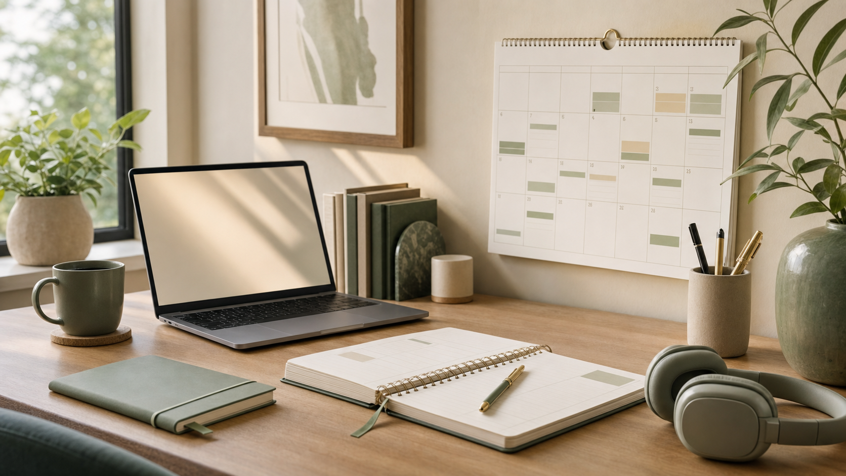A modern desk with a laptop, planner, noise-canceling headphones, and an open calendar