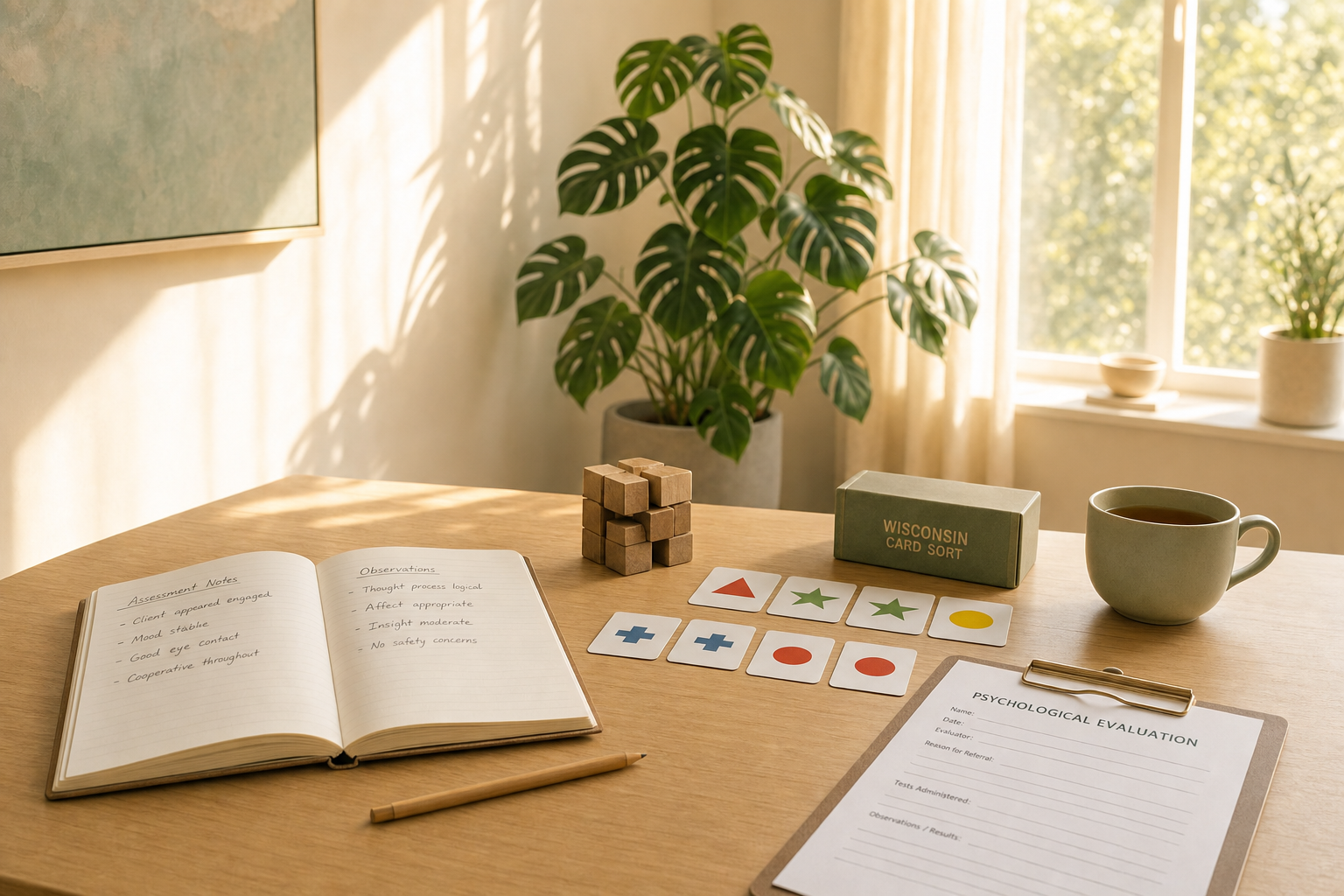 ADHD evaluation materials including rating scales, a notebook, and assessment tools on a clinician's desk