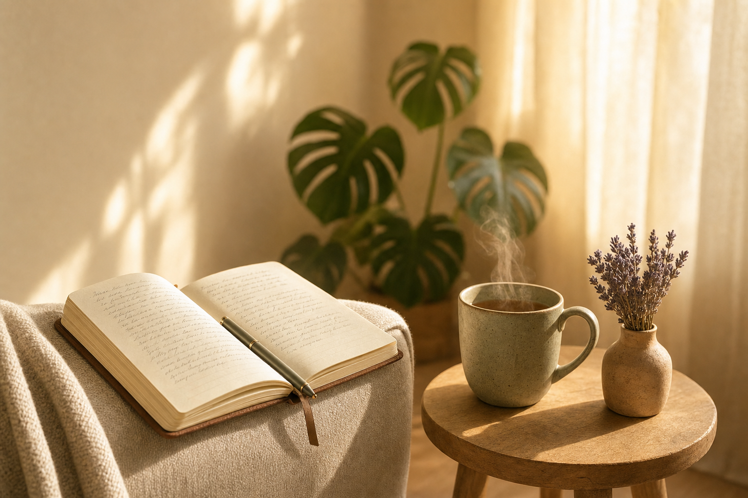 A peaceful therapy room with a journal, steaming mug, and lavender on a side table, set up for anxiety treatment