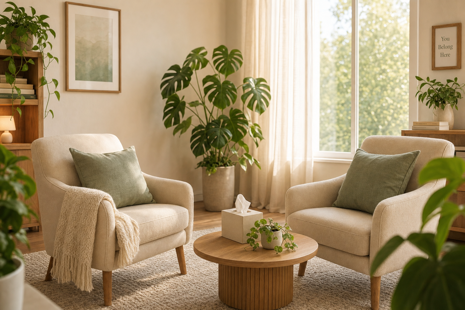 Two soft cream chairs facing each other in a warm therapy office set up for autism evaluation and family feedback sessions