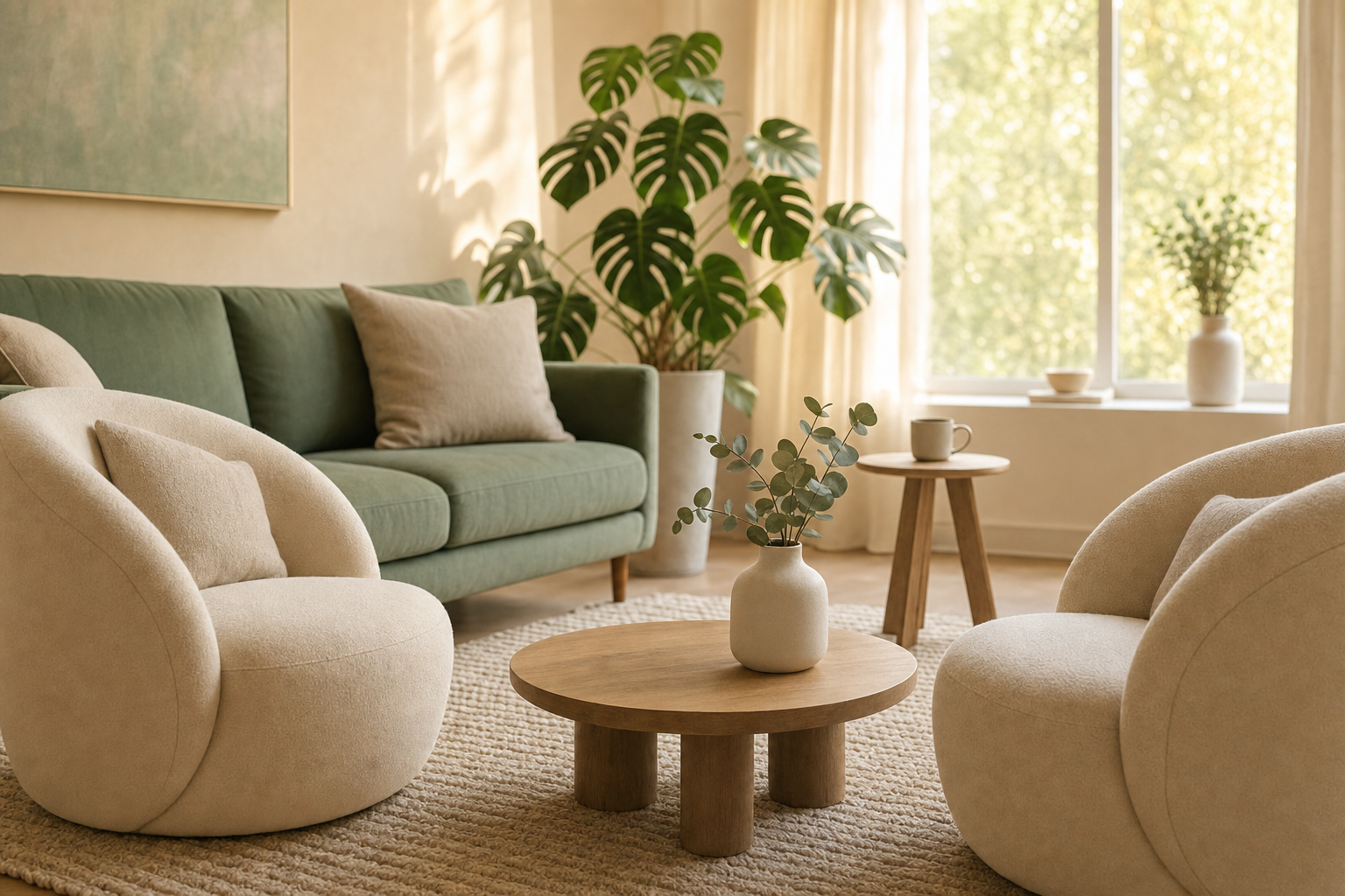 A warm therapy office set up for couples therapy with two chairs facing each other, a sage sofa, and natural light