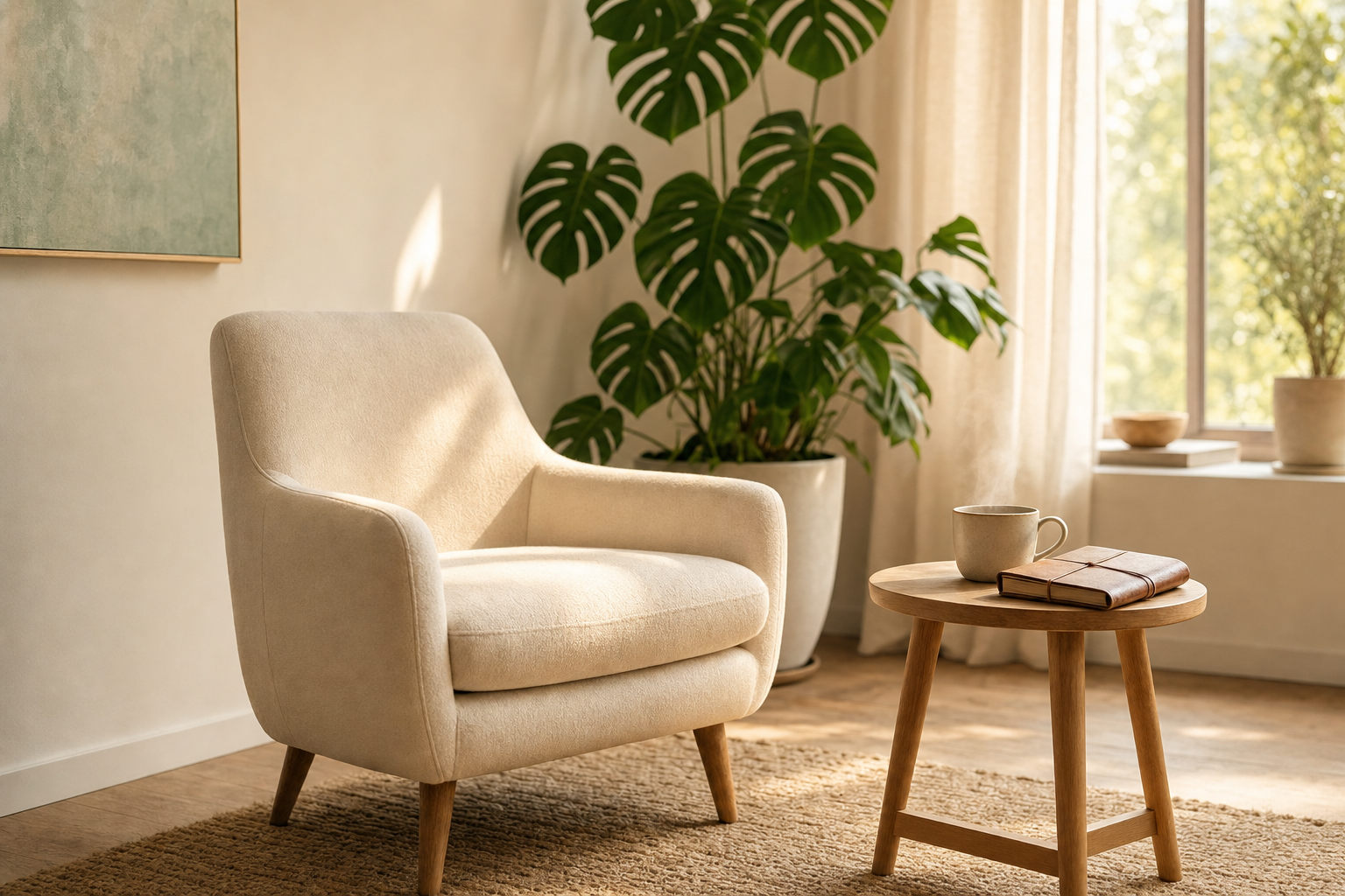 Warm, sunlit therapy office with a cream armchair, journal, and steaming mug, set up for depression treatment