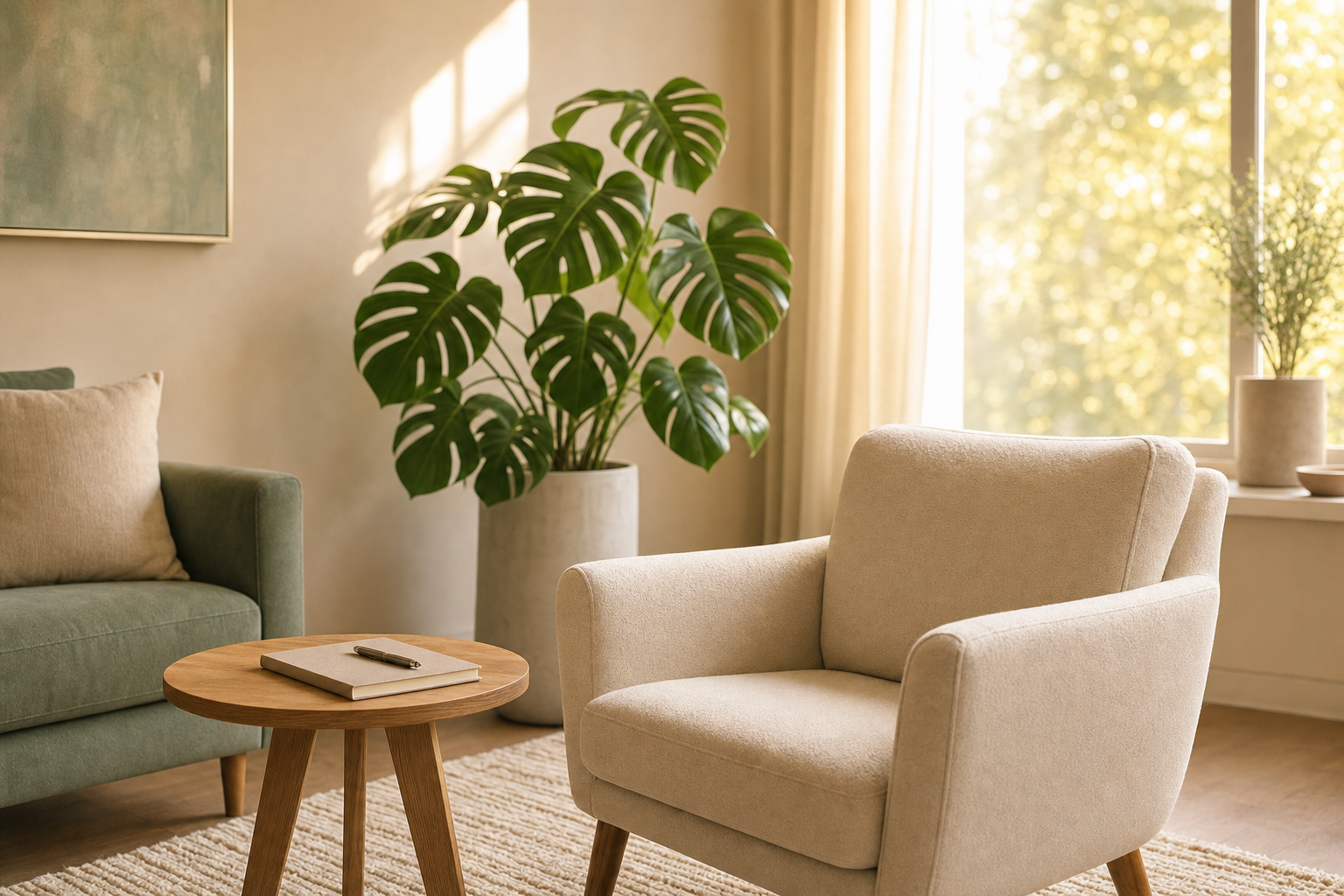 Quiet psychological testing office with a cream armchair, monstera plant, and warm natural light at our Westlake Village location